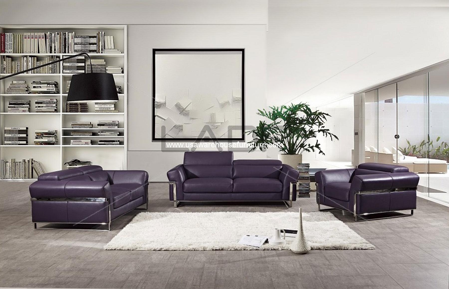 3 Piece Avana Italian Split Purple Leather Modern Sofa Set USA