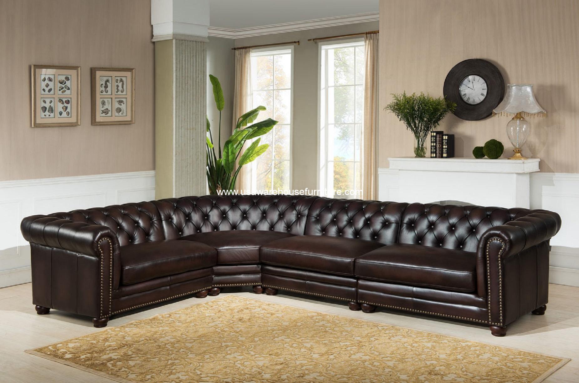 Brown Leather Tufted Sectional Sofa Baci Living Room