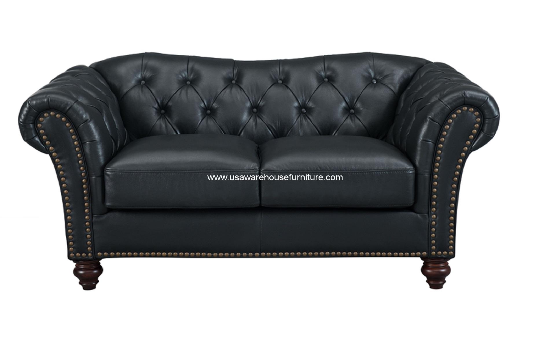 Mona Black Full Top Grain Tufted Leather Loveseat USA Warehouse Furniture