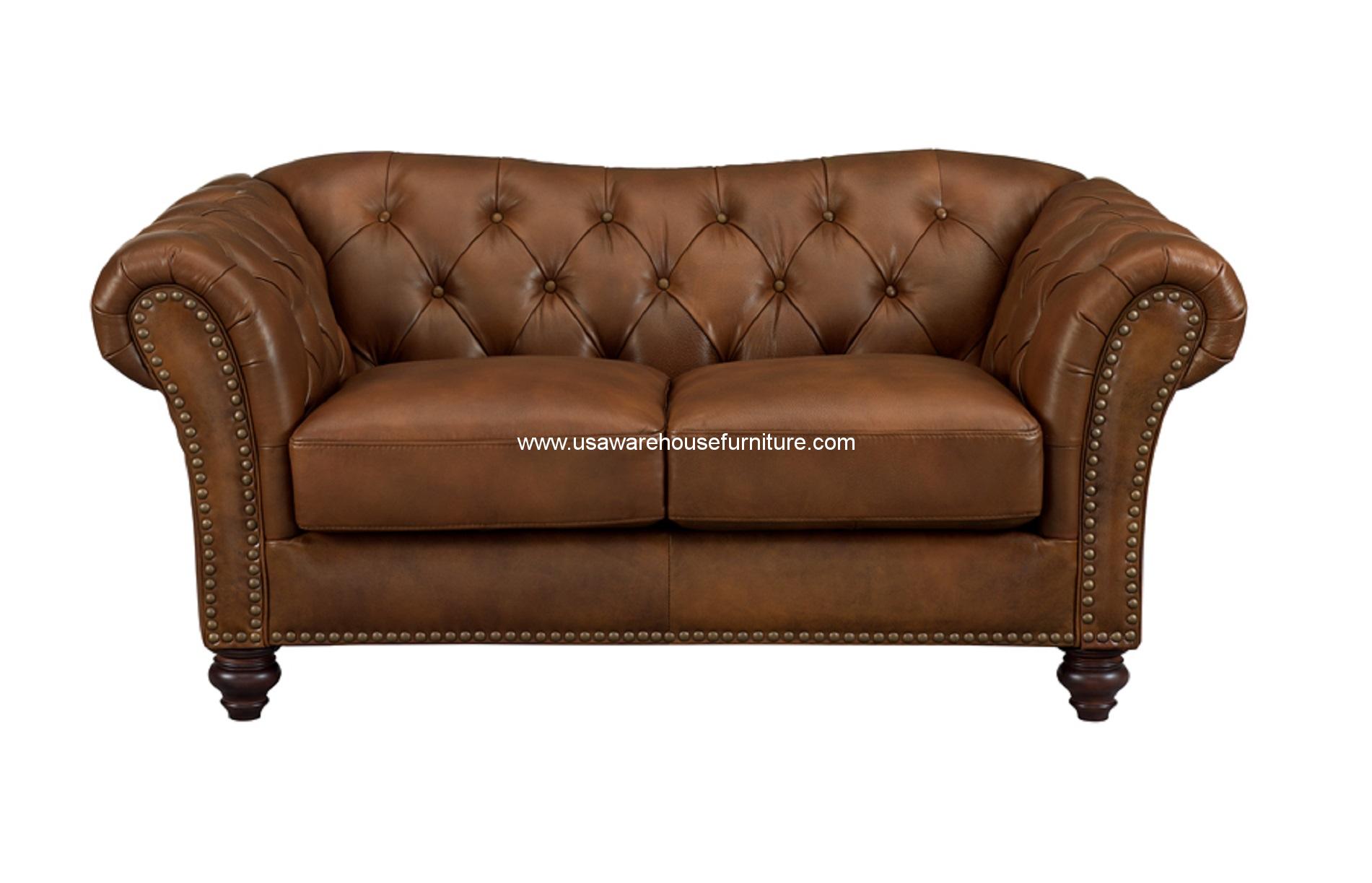 Mona Brown Full Top Grain Tufted Leather Loveseat USA Warehouse Furniture