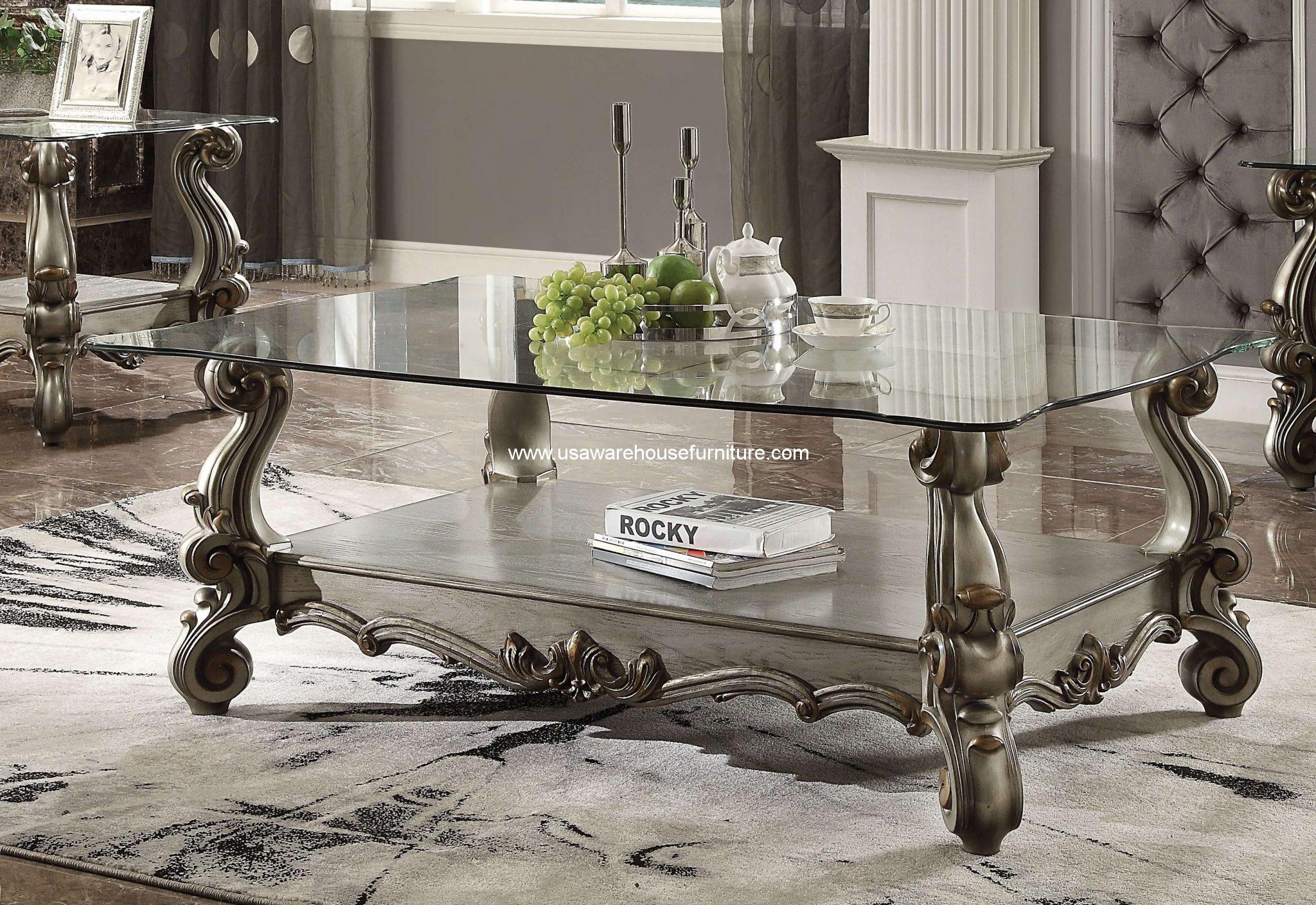 Versailles Antique Platinum Glass Top Coffee Table USA Warehouse