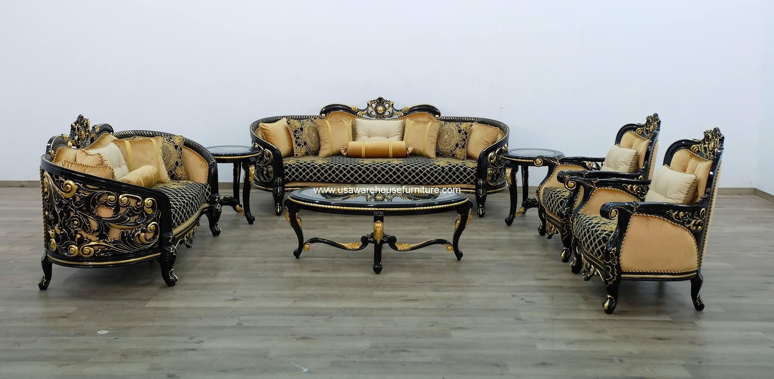 3 Pieces Bellagio Wood Trim Sofa Set Gold Fabric USA Warehouse Furniture